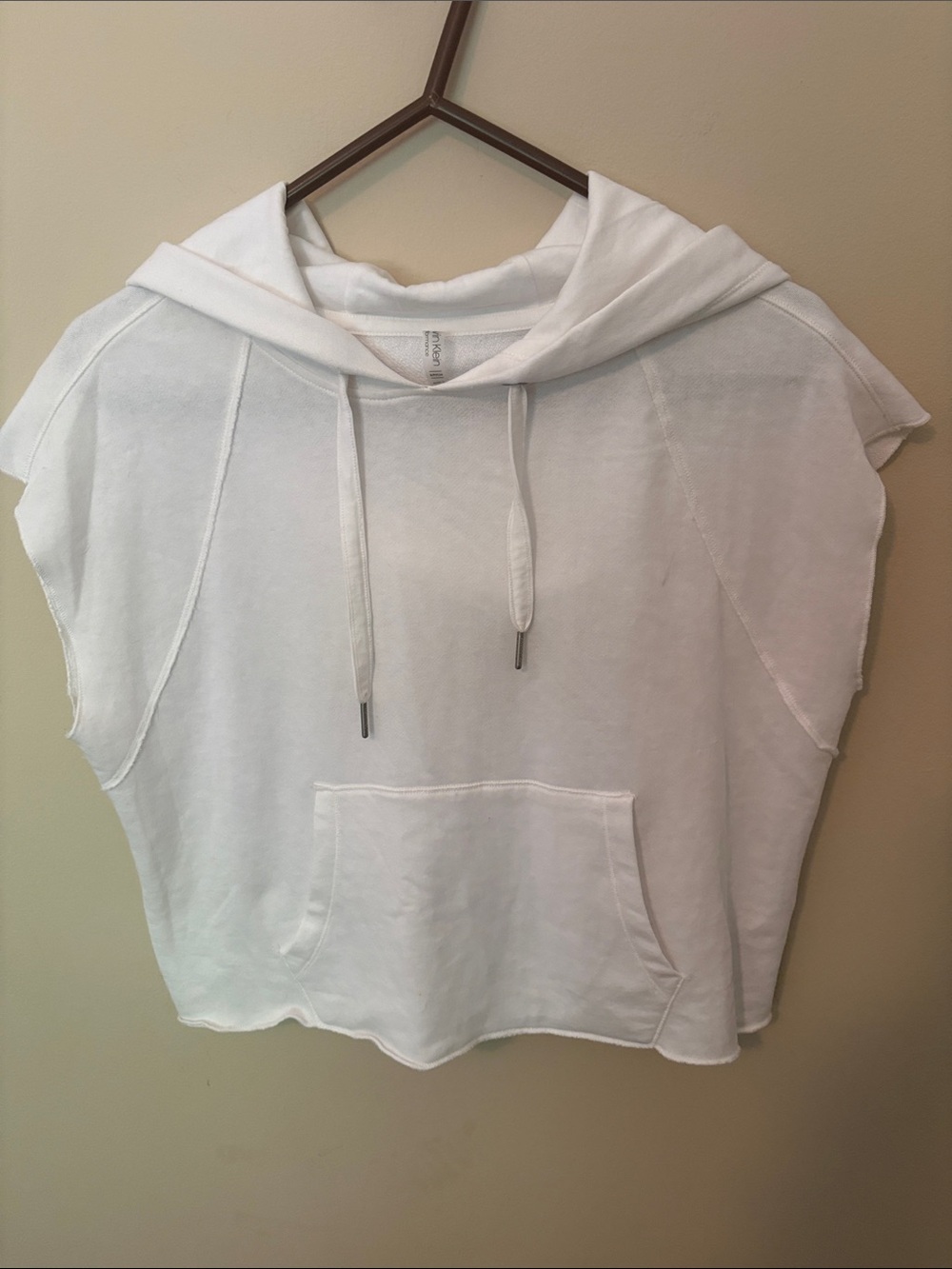 Calvin Klein Cropped White Cap Sleeve Hooded Sweatshirt Top